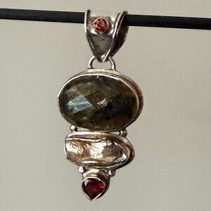 Vintage Green Labradorite(?) Garnet Pearl Pendant 925 Silver Setting